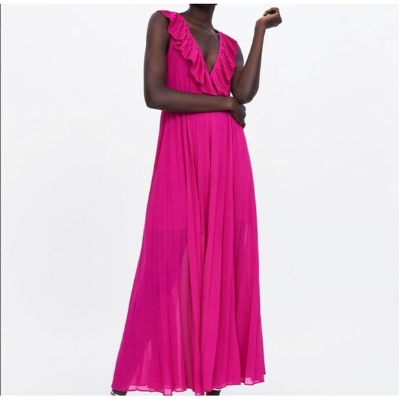 Zara Fushia Pink Plunge V Neck Tie Back Sleeveless Pleated Maxi Dress Medium - Picture 1 of 13